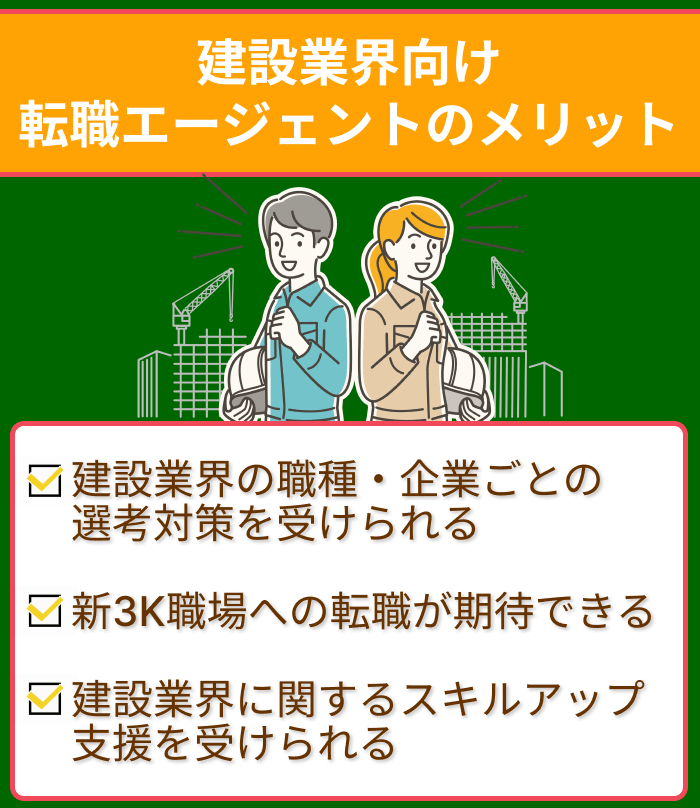 建築・建設業界向け転職エージェントのメリットについてのイラスト