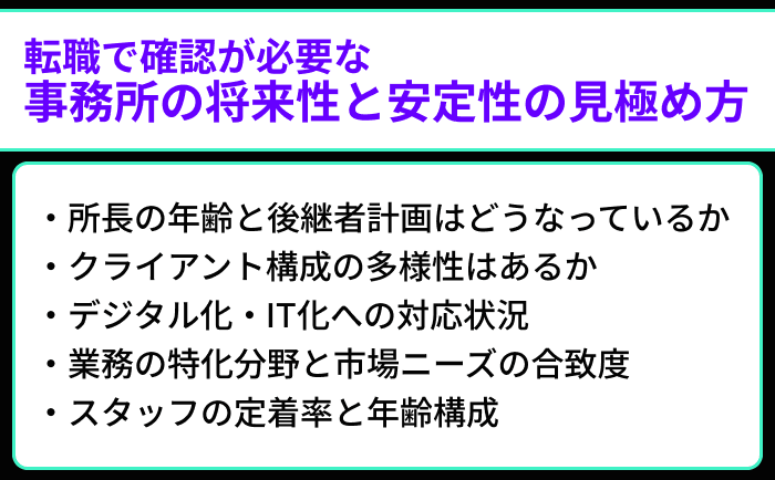 税理士転職で確認が必要な事務所の将来性と安定性の見極め方のイラスト